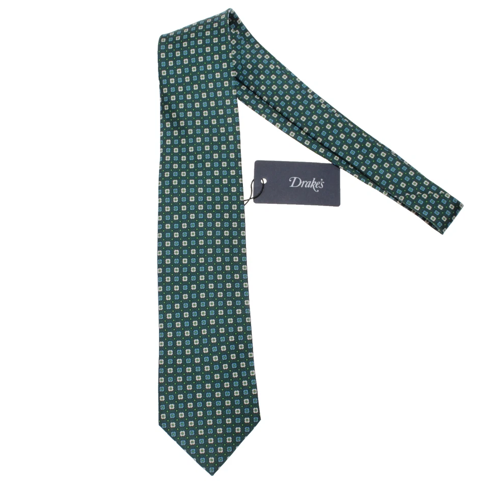 Gravata Drake's nova com etiquetas verde com mini estampa geográfica branca/azul/verde 100% seda - Imagem 1 de 4