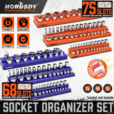 6PC Socket Organizer Storage Holder Set Magnetic 1/4 3/8 1/2 Metric SAE 143 Slot - Image 1 of 4