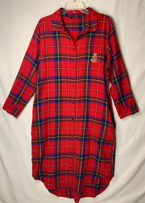 RALPH LAUREN женщин красный клетку фланель ночная рубашка Sleepshirt гребень карманы размер L - Изображение 1 из 4