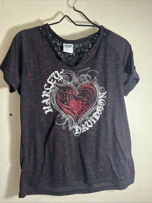 Camisa Harley Davidson Para Mujer Grande Negra Gráfica Corazón Encaje Espalda Gótica Y2K Motociclista Foto 1 de 4
