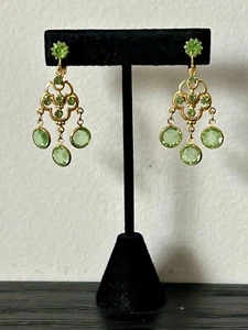 Chandelier Dangle Clip-On Earrings Peridot Color Crystals Bezel Victorian Style - Picture 1 of 4