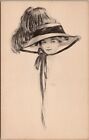 Lovely Lady Large Hat Floppy Feather Sketch Style Portrait Postcard X18