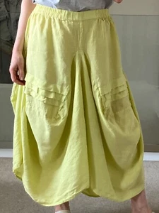 GRIZAS Lagenlook Balloon Pull on Midi Long Skirt 100% Linen Lime Colour Size M - Picture 1 of 11