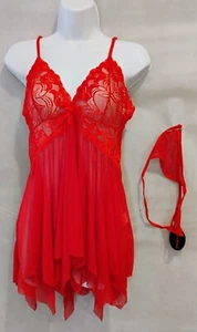 Sheer mesh & lace set: Babydoll nighty & G-string. Flouncy high low hemline (L) - Picture 1 of 2
