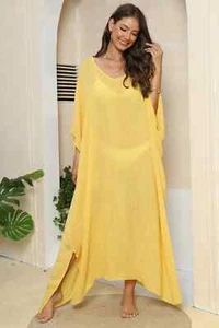 Long Sheer Yellow V-Neck Three-Quarter Sleeve Swimsuit Cover-Up Resort Wear - Picture 1 of 28