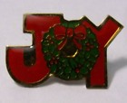 Vintage "JOY" W/ Christmas Wreath Enamel & Gold Tone Hat, Tie, Tac Pin Brooch