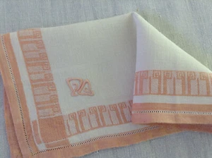 Antique Vtg French damask Linen Tea Napkin Arts & Crafts 1910 Greek Key Peach - Picture 1 of 10