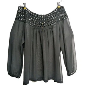 Top Off-Shoulder Donna X-Large Bordo in Pizzo Trasparente Nero Elastico Polsi XL - Foto 1 di 11