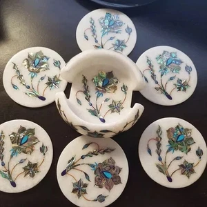 Marble Coaster Set Holder Semi Precious Abalone Shell Marquetry Floral Inlay Art - Picture 1 of 7
