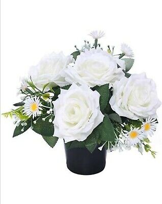 Artificial Grave Flowers White Rose & Daisy Silk Flower Vase Insert Memorial Pot • 11.99£