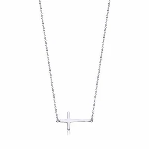 14K Solid White Gold Sideways Cross Pendant Rolo Chain Necklace Set -Charm Women - Picture 1 of 4