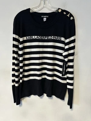 全新带标签 Karl Lagerfeld Paris 黑色/白色条纹带别针毛衣,尺寸 L — 第 1/4 张图片
