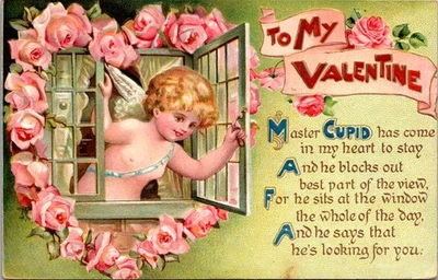 Postal de San Valentín 1910 MAFA Cupido Rosas en relieve Alemania Stecher Monroe MI Foto 1 de 2