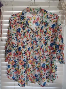 Woman Within 1X 22/24 Floral Rayon Blouse Pintuck Roll Tab Sleeve Tunic Top - Picture 1 of 8