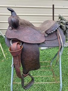 Used/Vintage 15" TexTan tooled Western saddle w/ equitation seat - Imagen 1 de 15