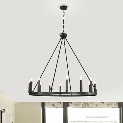 Rueda de vagón Bride 40 pulgadas negro mate Chandeilier con 12 Foto 1 de 4