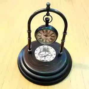 Reloj de Escritorio de Latón con Base de Madera Brújula Marina Mesa Decorativo Artículo de Regalo - Imagen 1 de 5