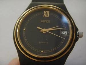 1980s-90s LADIES 'VENUS' SWISS MADE QUARTZ DATE WRISTWATCH BLACK DIAL - Picture 1 of 1