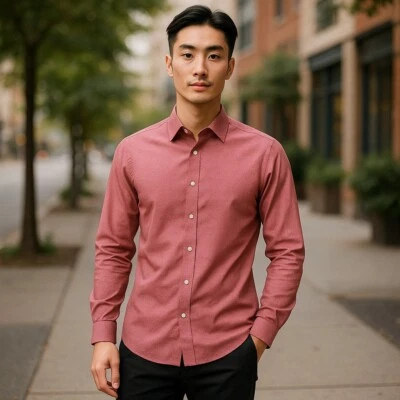 Jones New York button shirt Men M(slim)/salmon+white circles/pocket/long sleeves - Image 1 of 4