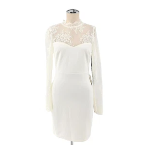 LULUS Dress Womens Size S Ivory Lace Sleeves High Neck Bodycon Bridal Party NEW - Picture 1 of 13
