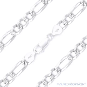 6.8mm Figaro Link Chain Diamond-Cut Pave Necklace in .925 Italy Sterling Silver - Picture 1 of 2