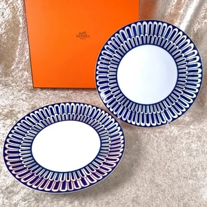 Hermes Paris Bleus d'ailleurs Dessert Plate Set of 2 Porcelain Tableware w/Case - Picture 1 of 18