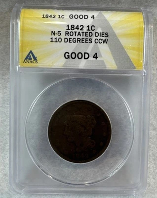 1842 1c Braided Hair Large Cent N-5 Rotated Dies 110 Degrees CCW ERROR Very Rare - Image 1 of 4