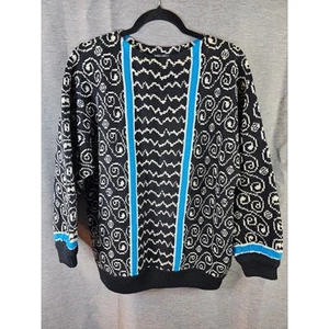 VTG Esprit Sport Sweater Women SM Retro Stripe Abstract Chunky Knit Black/Blue - Picture 1 of 11