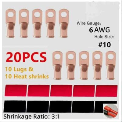 10 RED/BLACK Heat Shrink Tubing LUGS # (10) 6AWG Gauge Copper Ring Terminals - Image 1 of 4