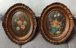 ANTICHI DIPINTI CON CORNICE OVALE IN LEGNO DORATO - FLOREALE - FIRMATI - VINTAGE - Imagen 1 de 5