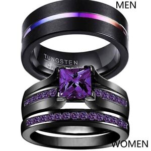 Couple Rings Black Plated TungstenMens Wedding Band Purple Cz Womens Ring Sets