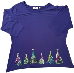 Quacker Factory Tunic Top Size 2XL Sequin Christmas Tree Purple 3/4 Sleeve Tunic - Imagen 1 de 9