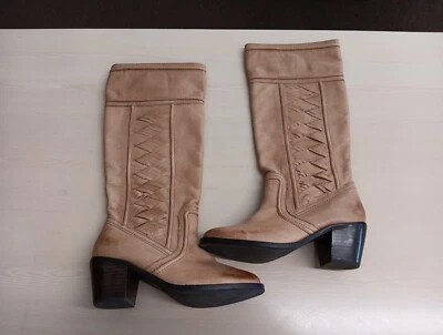 Fossil Mid-Calf Tan Leather Cowboy-Style Boots Size 7 Weave Detail EUC  - Image 1 of 4