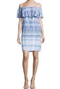 Beach Lunch Lounge Paisley Dress Mini Womens Size L Blue Off Shoulder Strapless - Picture 1 of 12