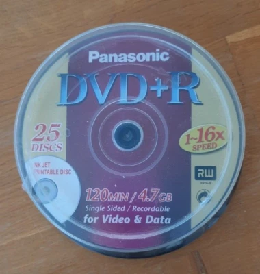 Panasonic DVD+R, 25 Discs, 1-16x Speed, Inkjet Printable Disc, Cake Box, New - Image 1 of 4