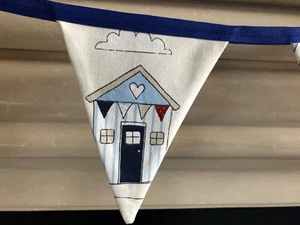 BLUE BEACH HUTS SEASIDE FABRIC BUNTING 220CM ROW 8 FLAGS 12 CM X 15 CM DARK BLUE - Picture 1 of 4