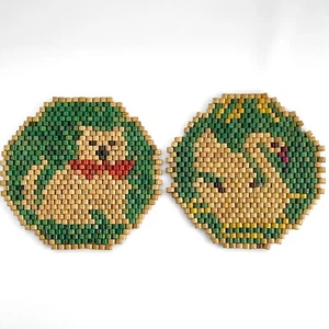 Vtg Pair of Boho Bamboo Wooden Beaded Swan Dog Trivets Kitchen Hot Plate Wall - Picture 1 of 6