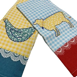 Pioneer Woman 2 pc Kitchen Towel Set Animals Cow Chicken Gingham Checked NEW - Picture 1 of 5