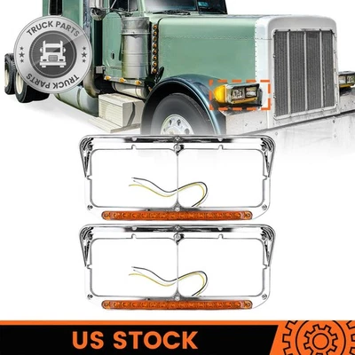 Pair Chrome 4x6 LED Headlight Bezel For Kenworth T600 T800 W900B Peterbilt 379 - Image 1 of 4