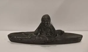 VINTAGE Inuit Figurative Carving Eskimo on Kayak Stone Composite Carving Canada  - Picture 1 of 13