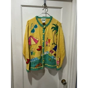 Quacker factory small yellow beach pattern cardigan sweater - Picture 1 of 6
