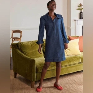 Boden Denim Statement Collar Pockets 100% Cotton Popover Knee Length Dress Sz 12 - Picture 1 of 16