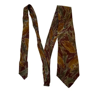 River Island Mens 100 Silk Burgundy Green Leaf Print Necktie - Image 1 of 4