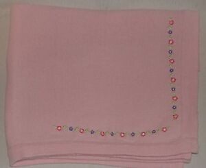 Lullaby Club Pink Cotton Sweater Knit Baby Blanket Embroidered Flowers 