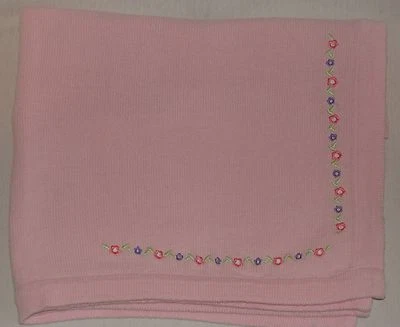 Lullaby Club Pink Cotton Sweater Knit Baby Blanket Embroidered Flowers  - Image 1 of 4