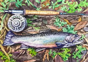 Watercolor Painting Fly Fishing Rod Fish Trout River ACEO Art No.243 - Picture 1 of 2