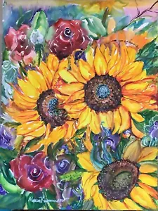 SUNFLOWERS  AND  ROSES.Original Watercolor Painting - Picture 1 of 12