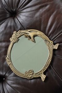 Vintage Art Nouveau Style Round Brass Wall Mirror Woman Flower Details