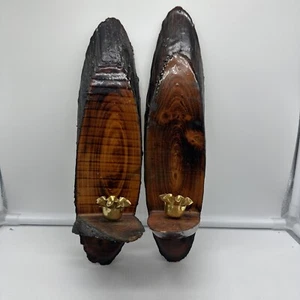 Retro Rustic Candle Holders Wall Sconces Live Edge Wood Lacquered 1980s Vintage - Picture 1 of 6