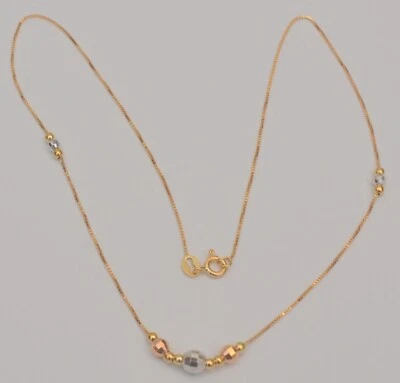 Gold box chain necklace 18k yellow white rose with diamond cut ball 16  inches - Image 1 of 4